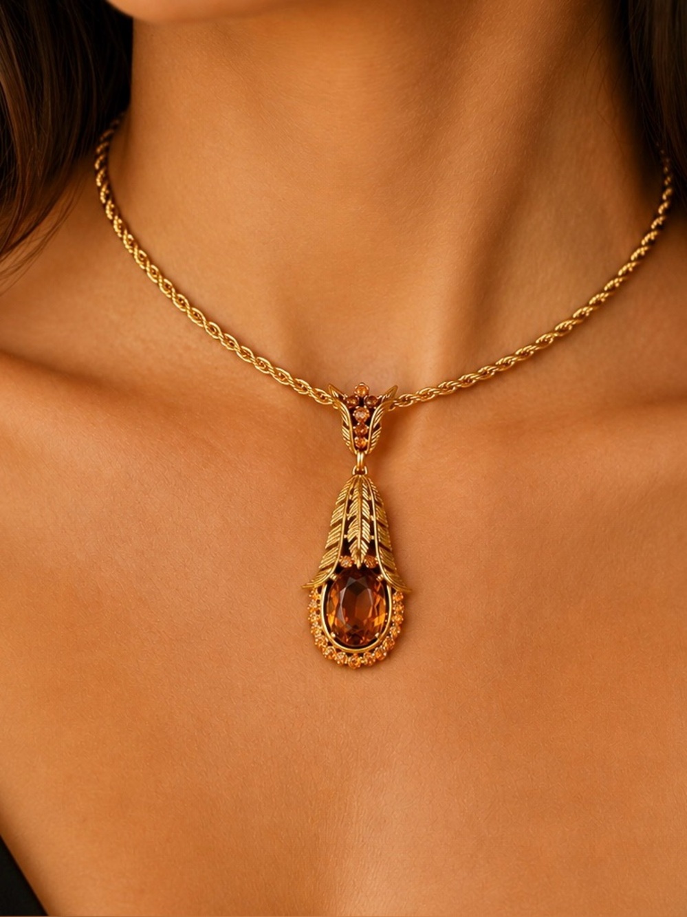 Vintage Crown Trifari Alfred Philippe Jewelry Gold Tone Topaz Choker
Necklace